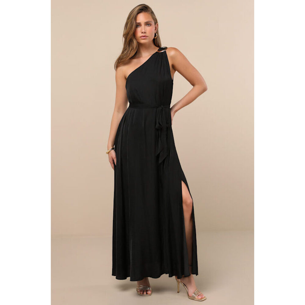 Lulus Goddess Aura Black Satin One-shoulder Maxi Dress - Size XXL